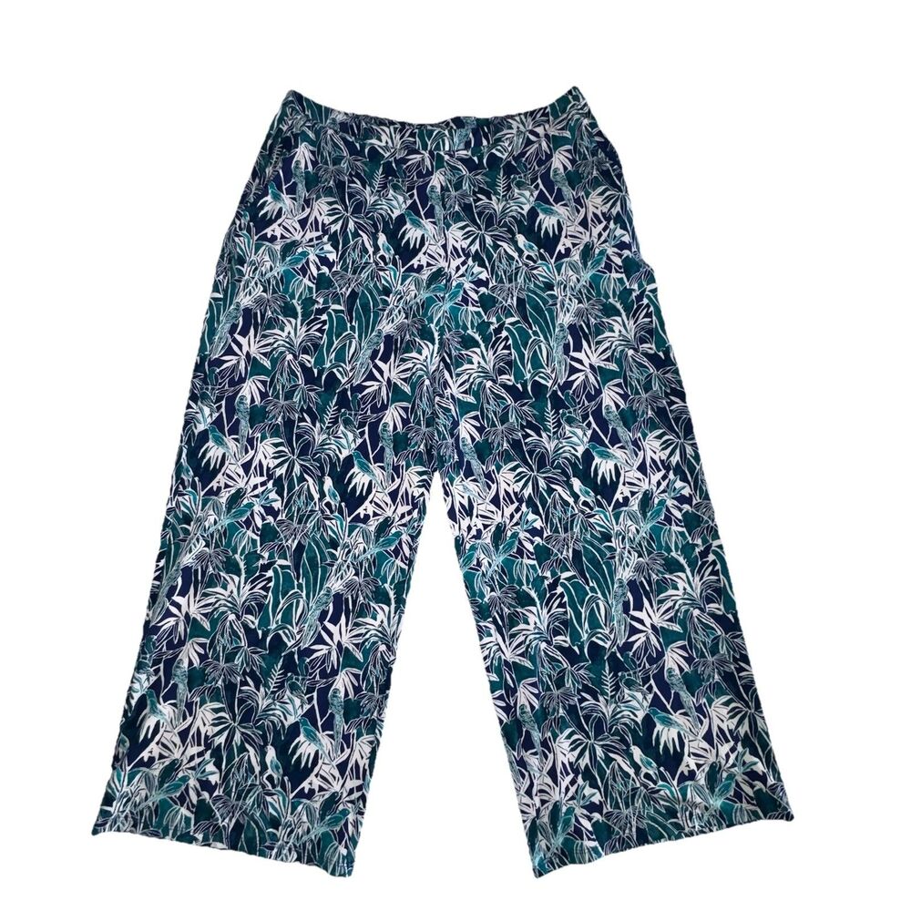 J Jill Wherever Collection Wide Leg Pants Navy Tropical Palm Bird Print Medium